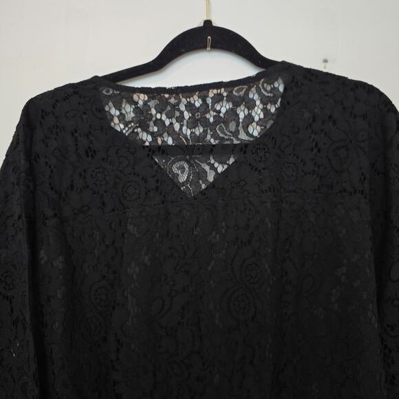 New Black Crochet Lace Top Size M Lined Balloon Sleeve Boho Dark Romantic - Picture 7 of 8